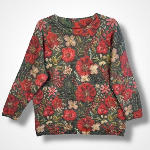 Floral Sweater Womens XL Green‎ Red Allover Print Pullover Crewneck Long Sleeve - Picture 2 of 8